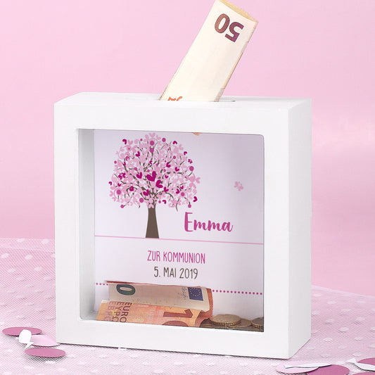 Weiße Bilderrahmen Spardose mit Lebensbaum in rosa