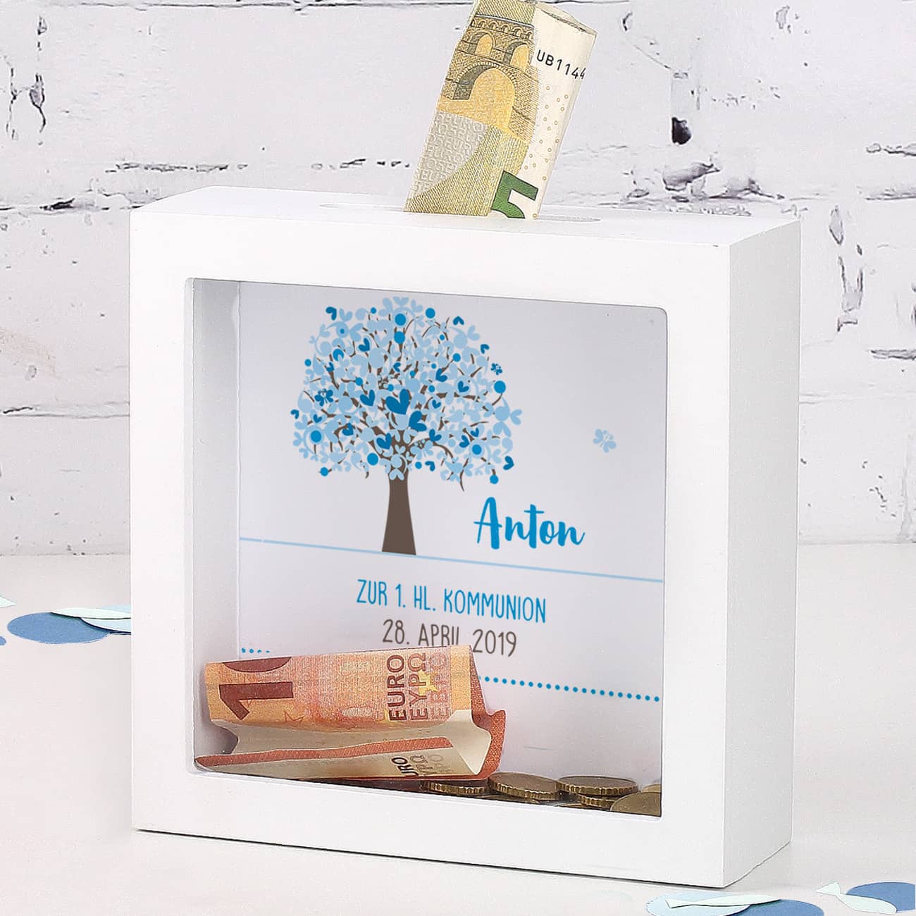 Weiße Bilderrahmen Spardose mit Lebensbaum in blau
