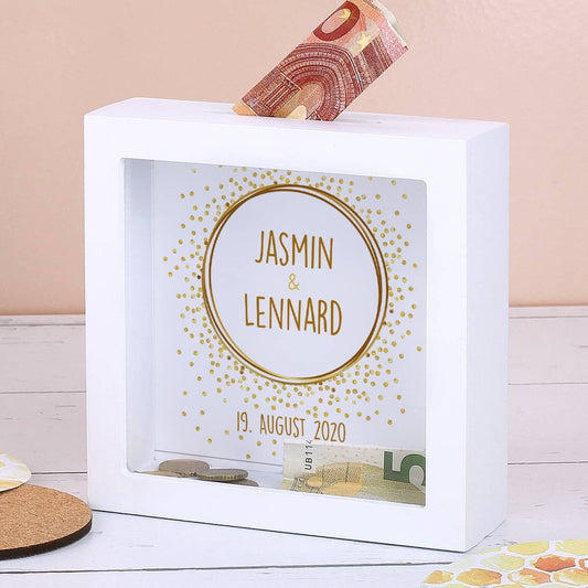 Bilderrahmen Spardose zur Hochzeit mit Punkten, Namen und Datum