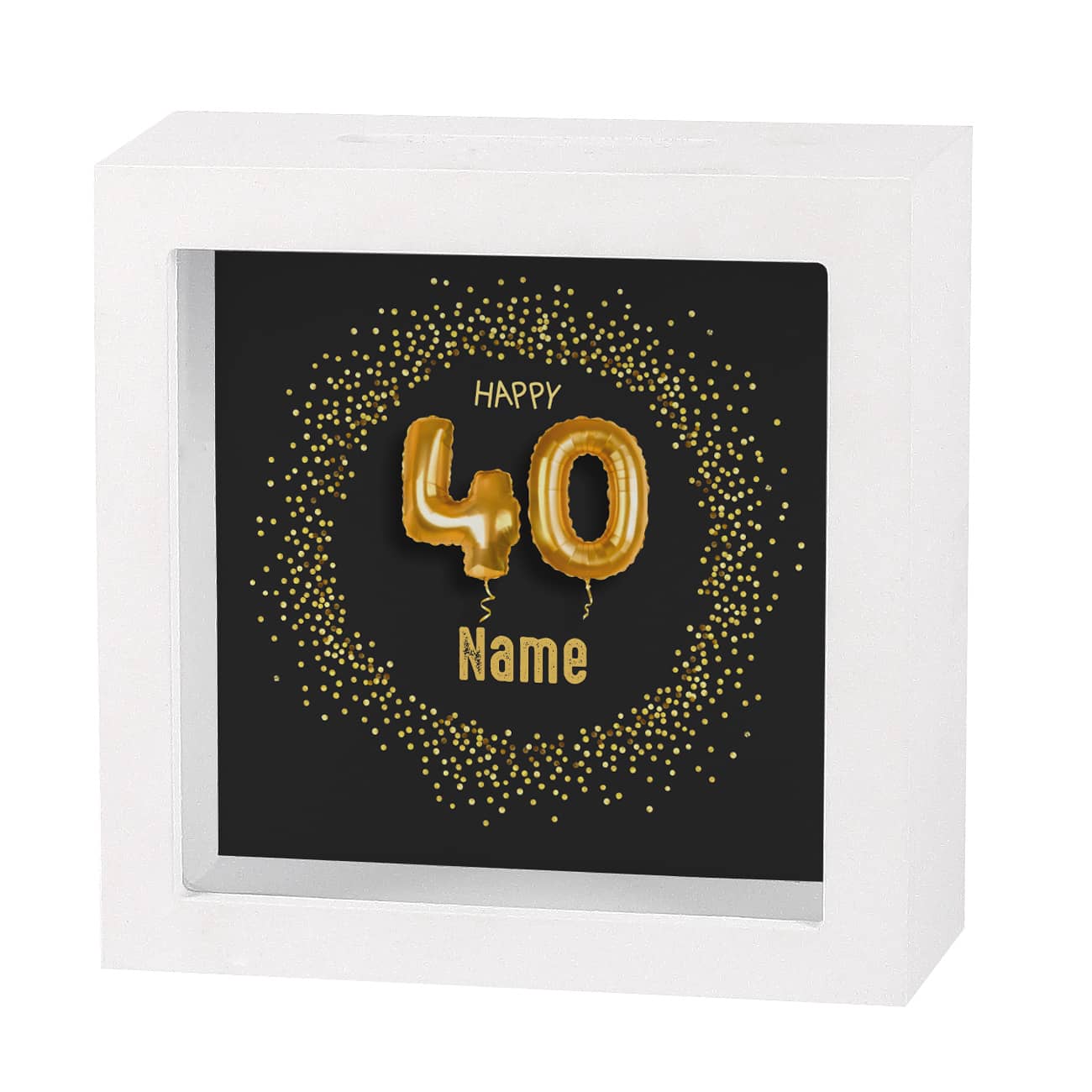 Bilderrahmen-Spardose zum 40. Geburtstag mit Name, 15x15cm