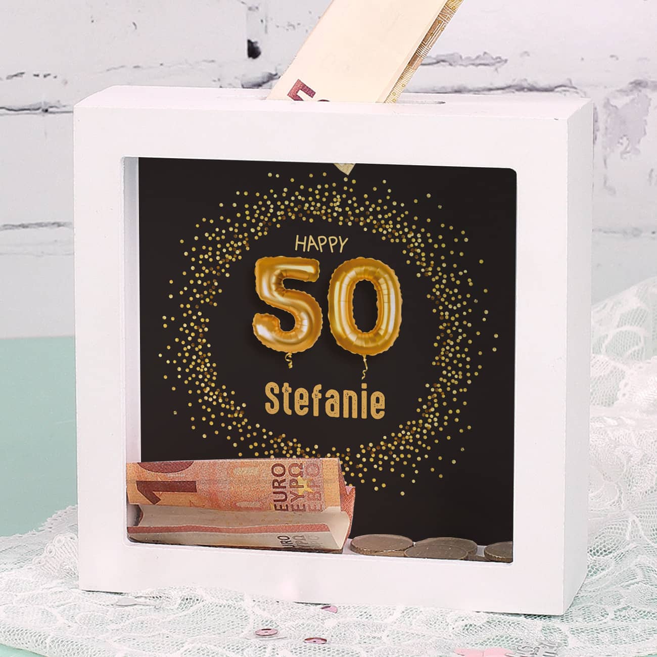 Happy 50 - Bilderrahmen Spardose zum Geburtstag mit Name, 15x15cm
