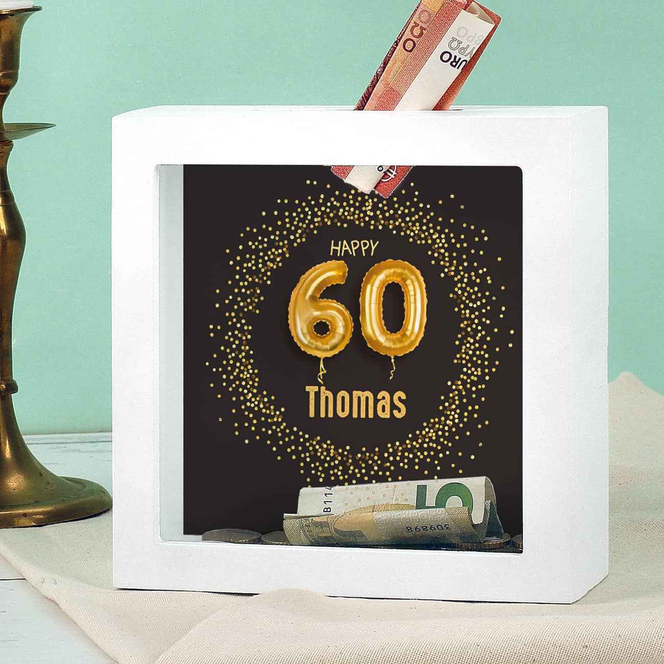 Happy 60 - Bilderrahmen Spardose zum 60. Geburtstag mit Name, 15x15cm