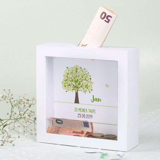 Weiße Bilderrahmen Spardose mit grünem Lebensbaum