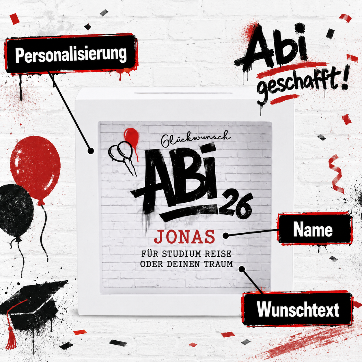 Infografik zur personalisierten Spardose zum Abi 2026 mit Markierungen für Name und Wunschtext