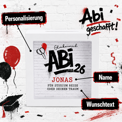 Infografik zur personalisierten Spardose zum Abi 2026 mit Markierungen für Name und Wunschtext