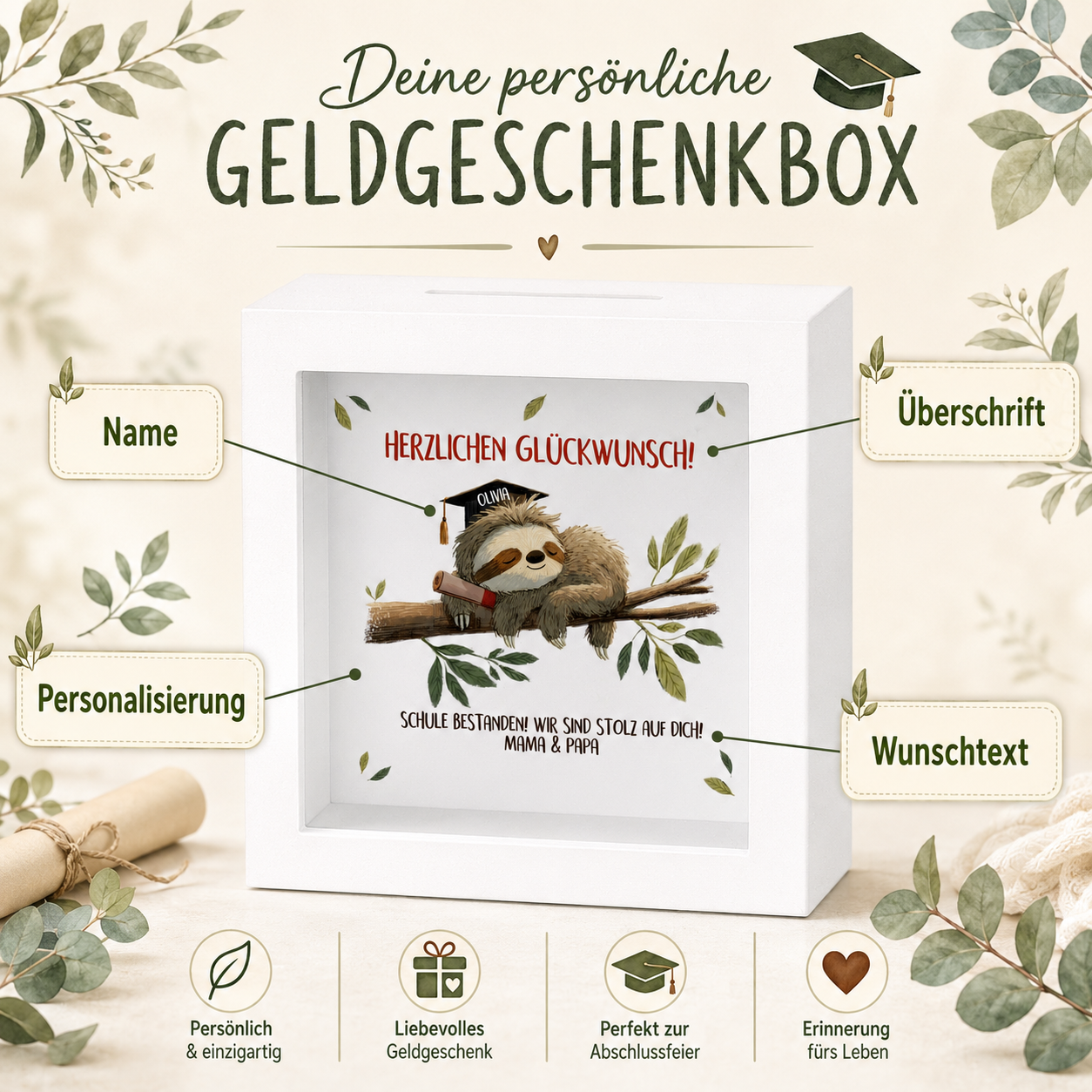 Produktgrafik zur Geldgeschenkbox mit Markierungen für Überschrift, Name, Wunschtext und Personalisierung