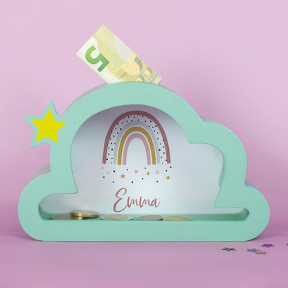 Wolken-Spardose in Mint mit Regenbogen und personalisiertem Namen, Geldscheine sichtbar, perfektes Geschenk für Kinder