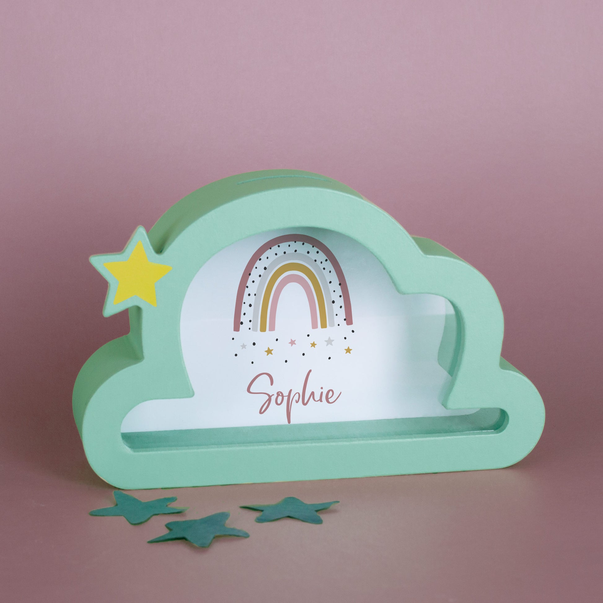 Spardose in Wolkenform mit Regenbogenmotiv und personalisiertem Namen, sanftes Mint, ideal als Geschenk zur Geburt oder Taufe