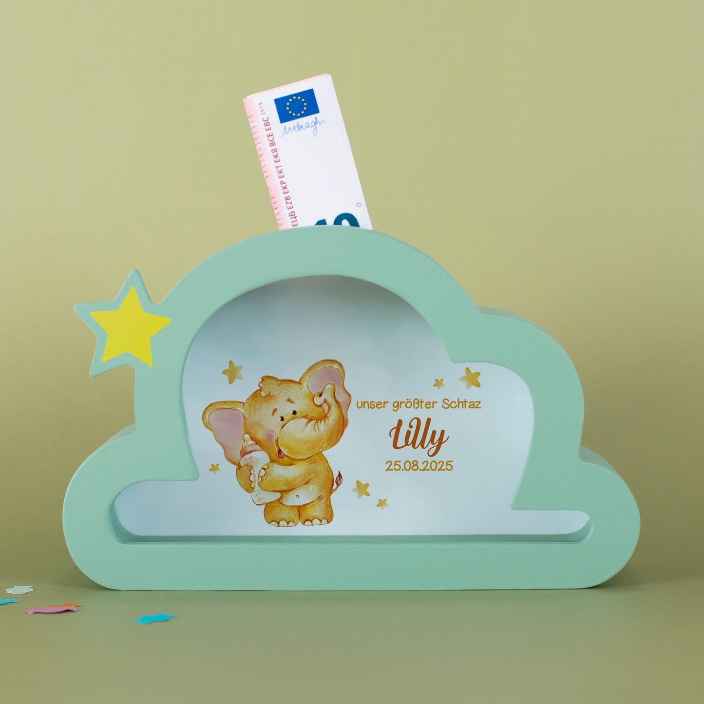 Spardose Elefant mit Name Lilly und Datum, mint