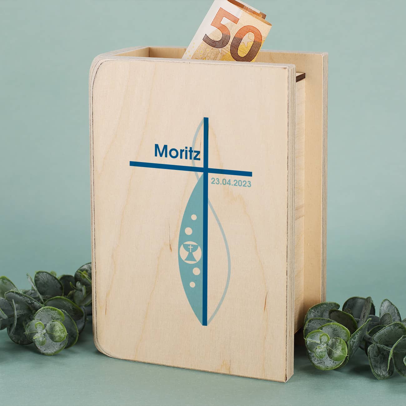 Holzspardose mit persönlichem Druck