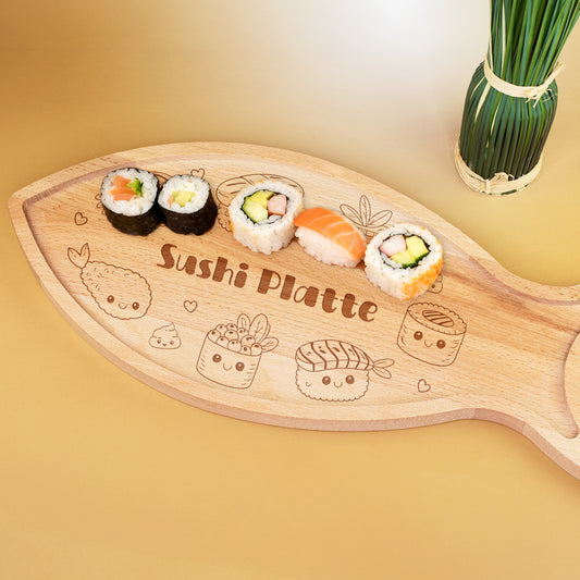 Rückansicht des Sushi-Servierbretts aus gedämpftem Buchenholz