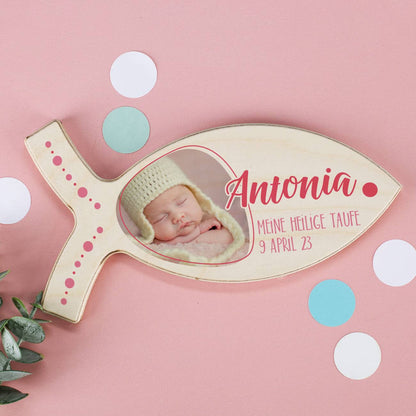 Holzfisch in rosa mit Foto, Name und Wunschtext