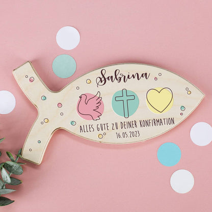 Holzfisch - Liebe, Glaube, Hoffnung - mit Ihrem Wunschnamen