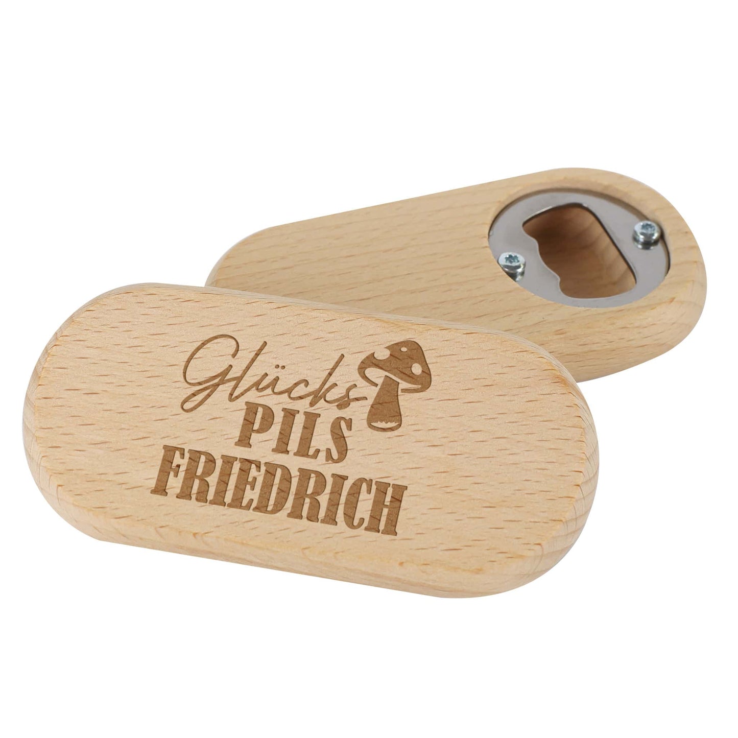 Flaschenöffner mit Ihrem Wunschnamen und Glückspilsmotiv