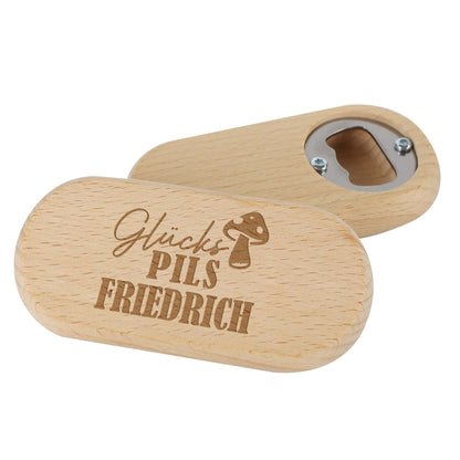 Flaschenöffner mit Ihrem Wunschnamen und Glückspilsmotiv