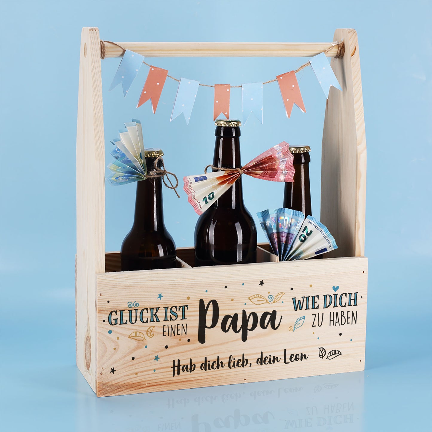 Flaschenträger aus Holz mit Wunschtext | Glück ist, einen Papa wie dich zu haben.