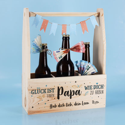 Flaschenträger aus Holz mit Wunschtext | Glück ist, einen Papa wie dich zu haben.