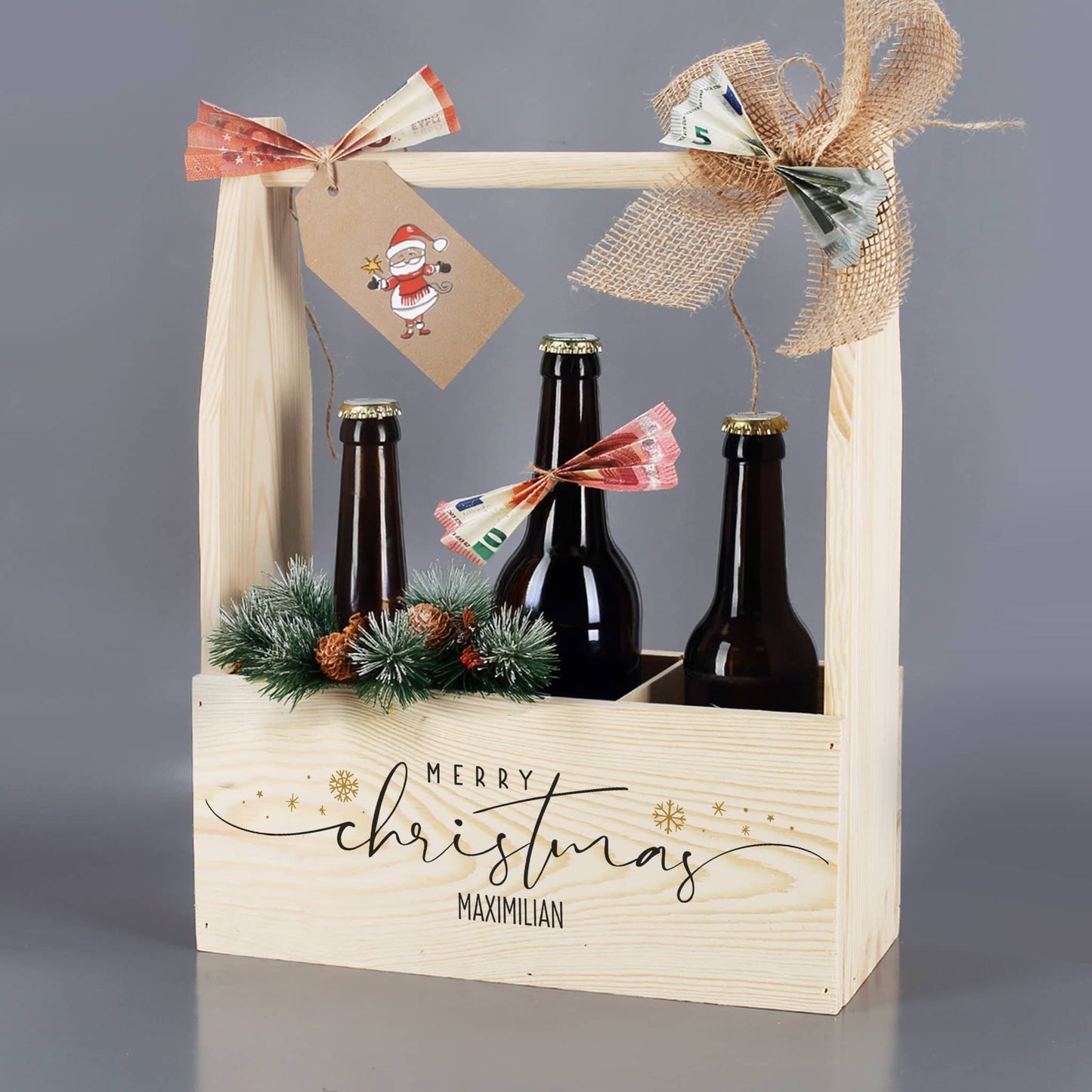 Flaschenträger aus Holz als originelle Geschenkverpackung zu Weihnachten