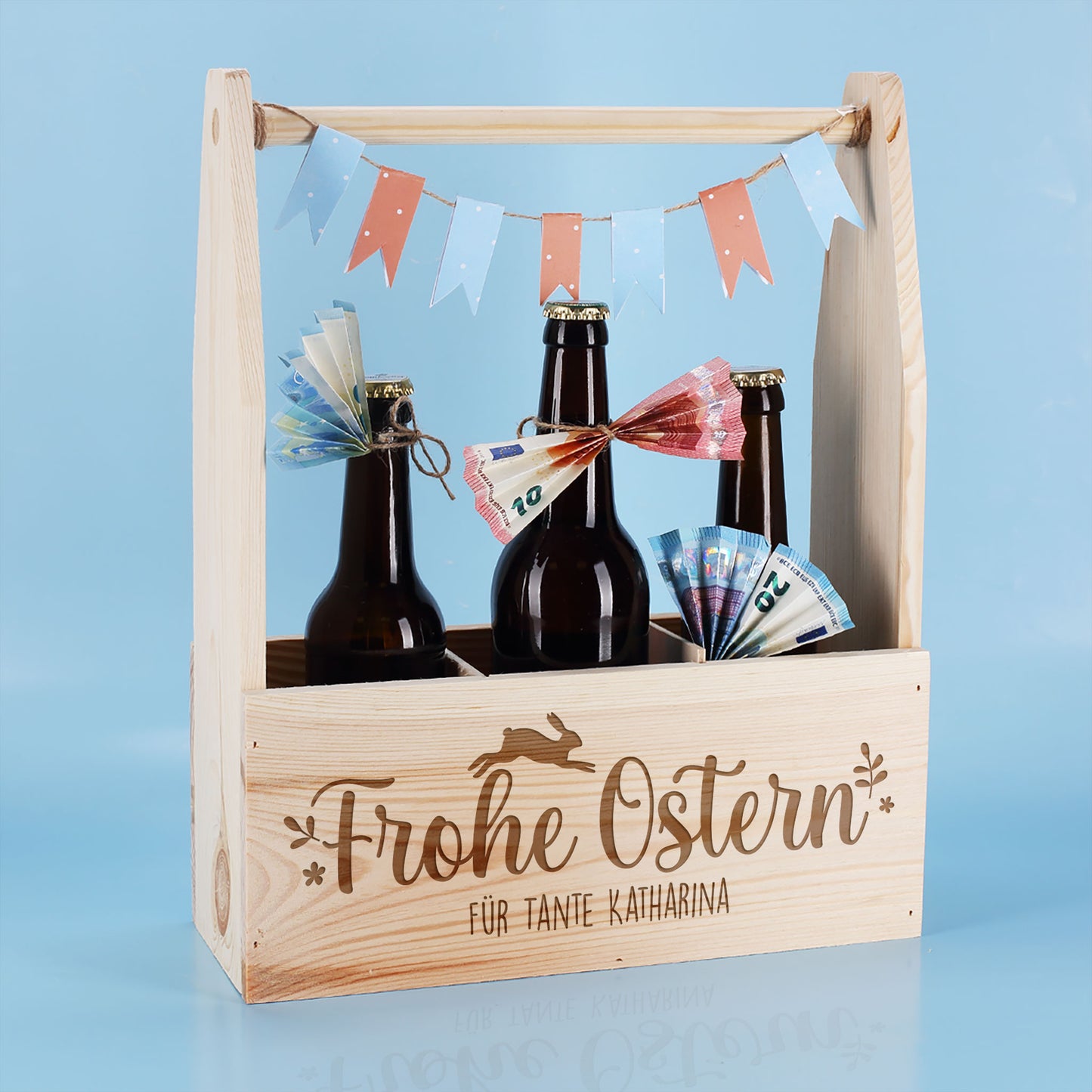 Flaschenträger aus Holz mit Wunschtext graviert | Frohe Ostern