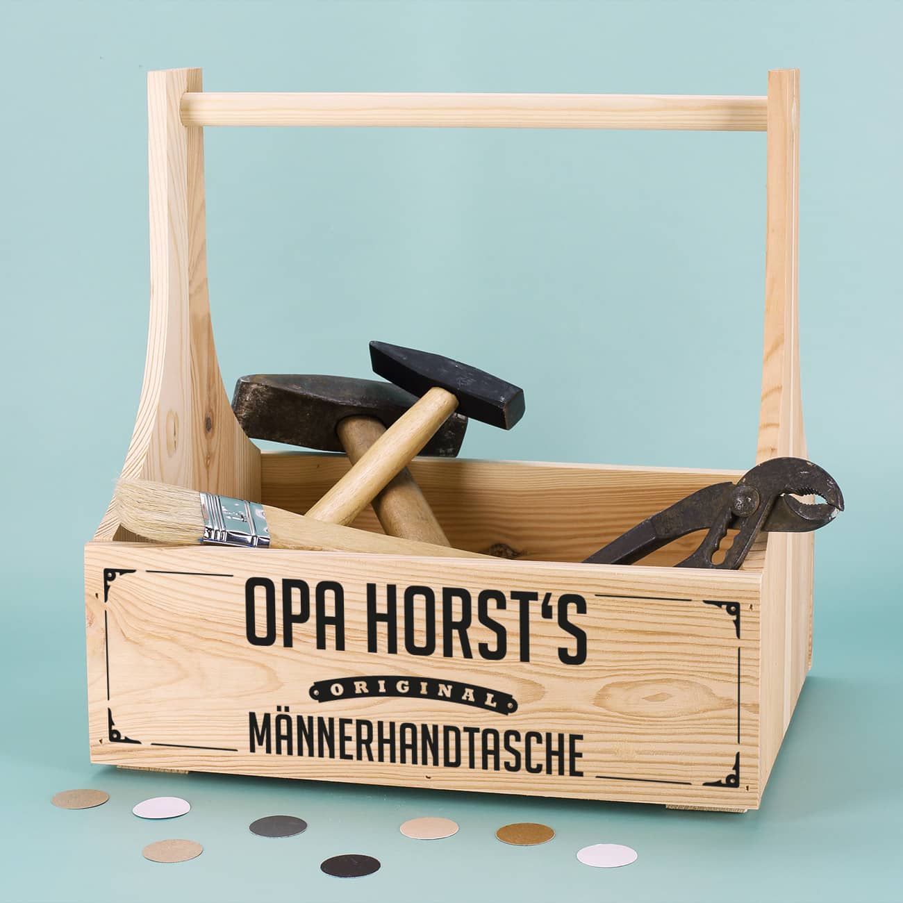 Witziger Holzträger mit Name nach Wunsch als Druck