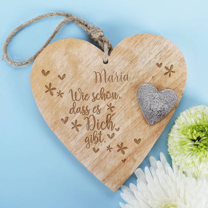 Wie schön, dass es Dich gibt - Holzherz zum Aufhängen mit Name