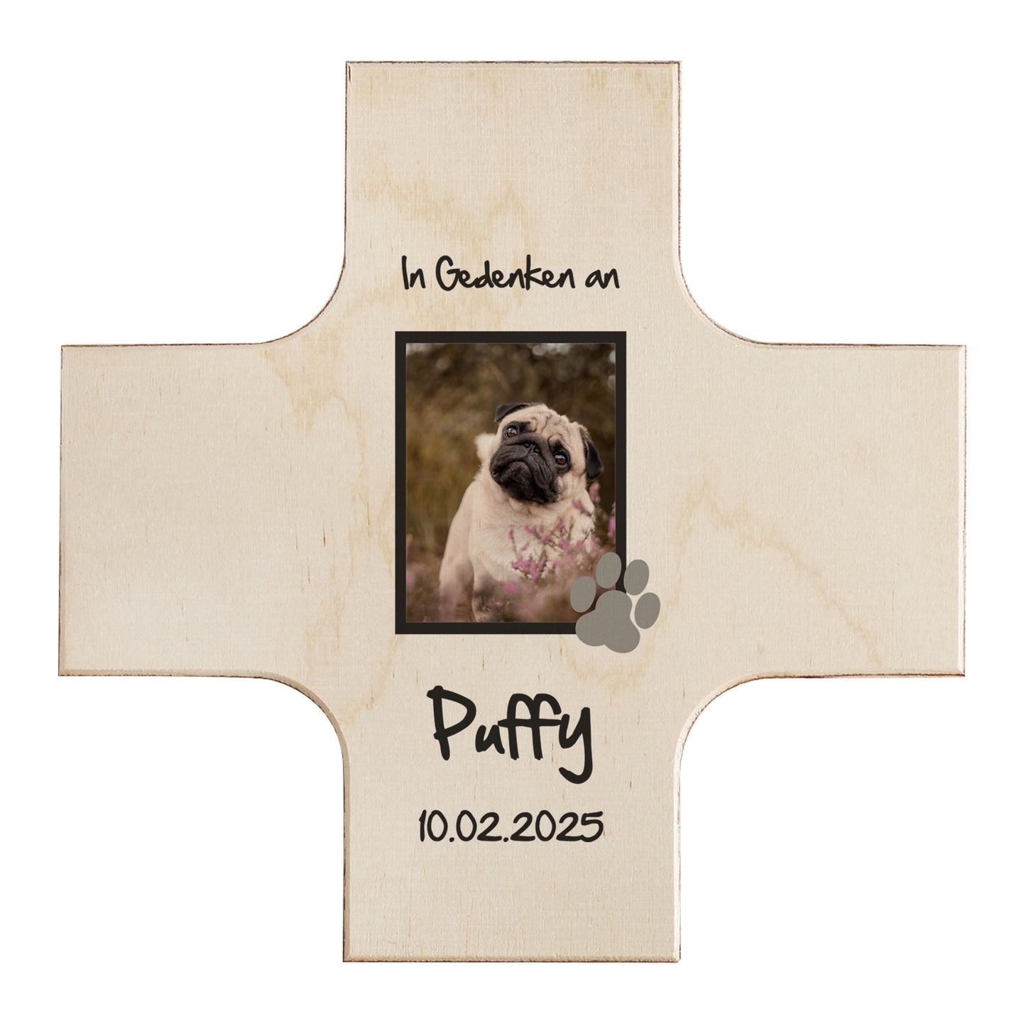 Personalisierbares Holzkreuz Trauer mit Pfotenmotiv – Erinnerung an dein Haustier