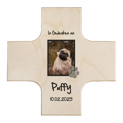 Personalisierbares Holzkreuz Trauer mit Pfotenmotiv – Erinnerung an dein Haustier