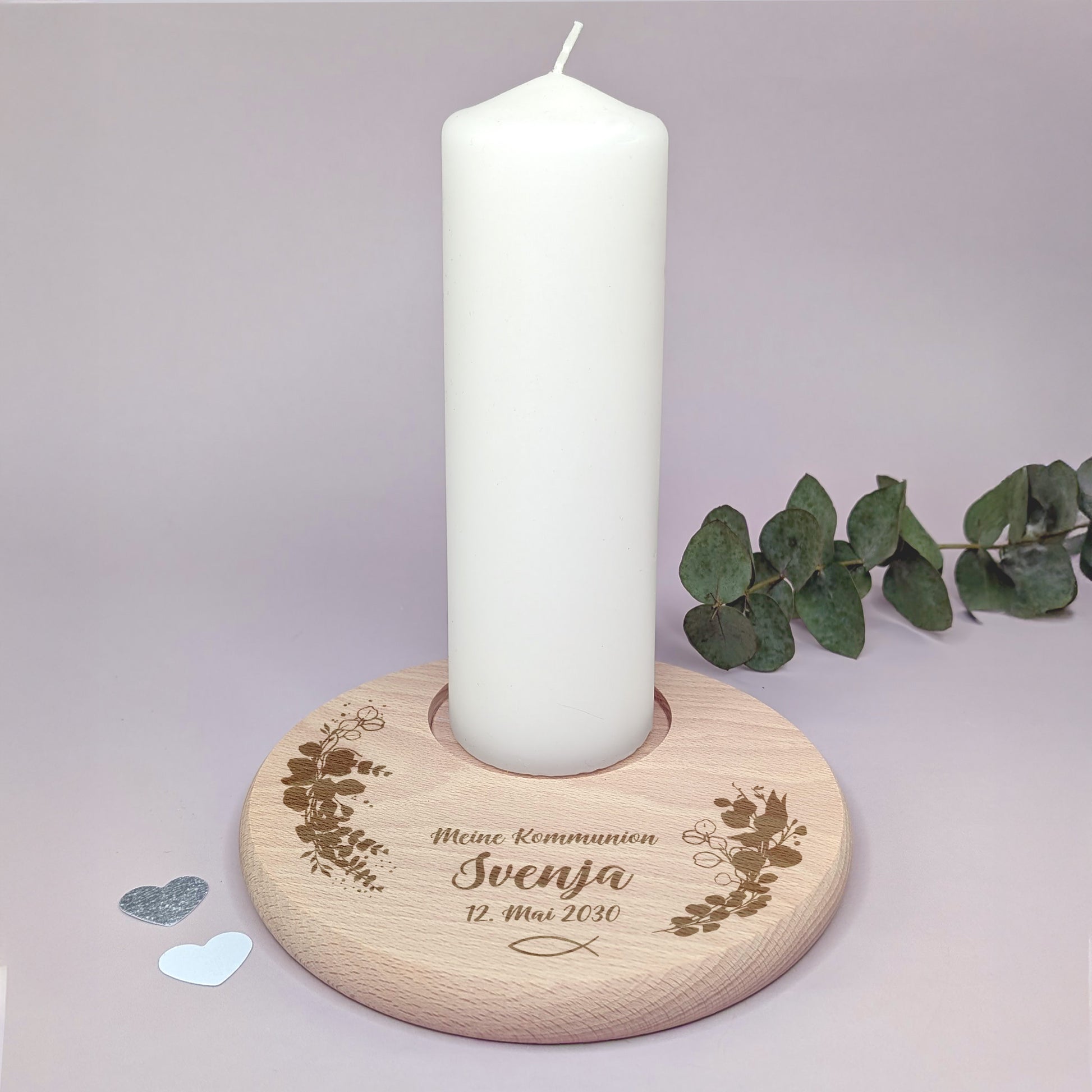 Kerzenuntersetzer aus Holz zur Kommunion mit Name Datum und christlichem Fischmotiv