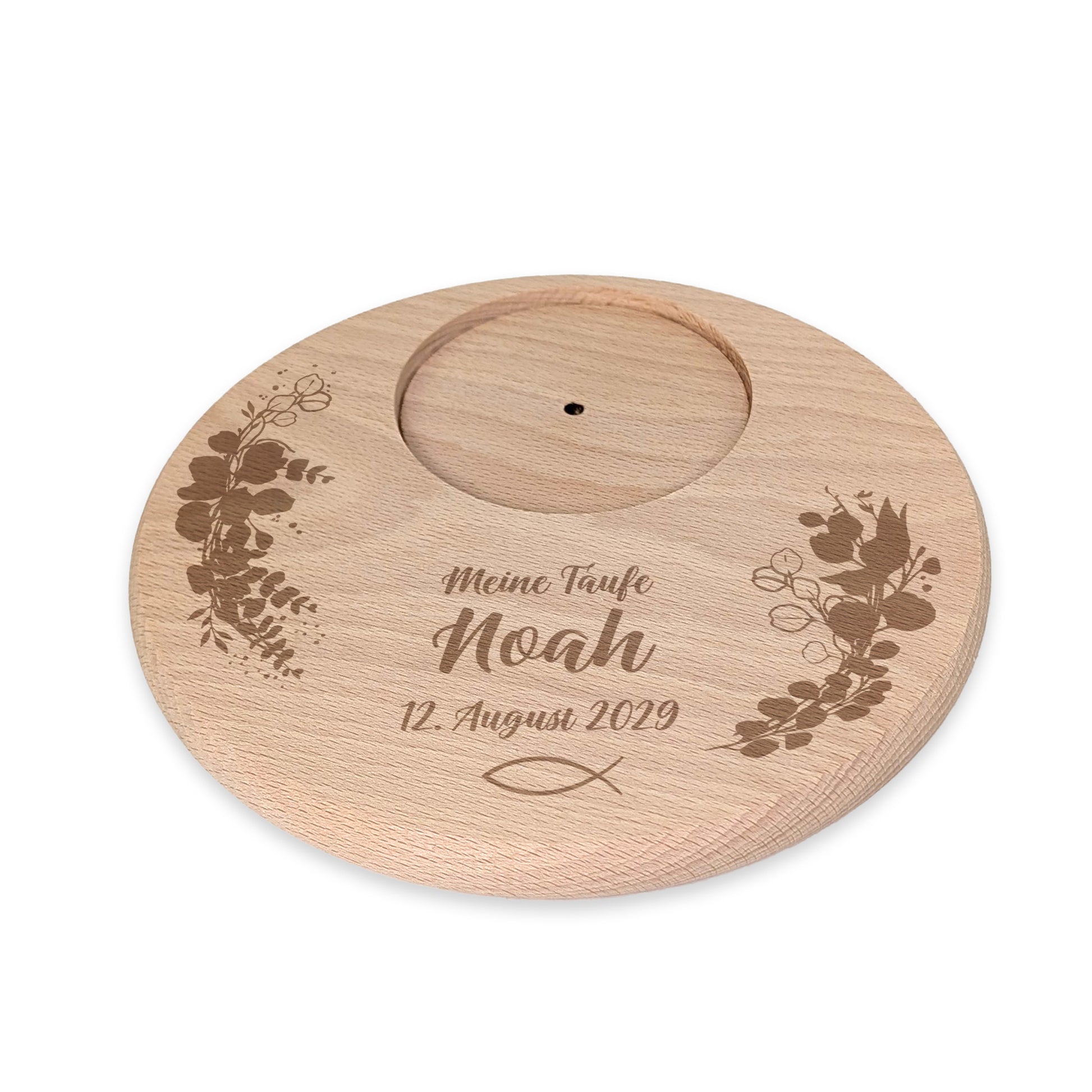 Runder Kerzenteller aus Buchenholz für Taufkerze oder Kommunionskerze mit Gravur