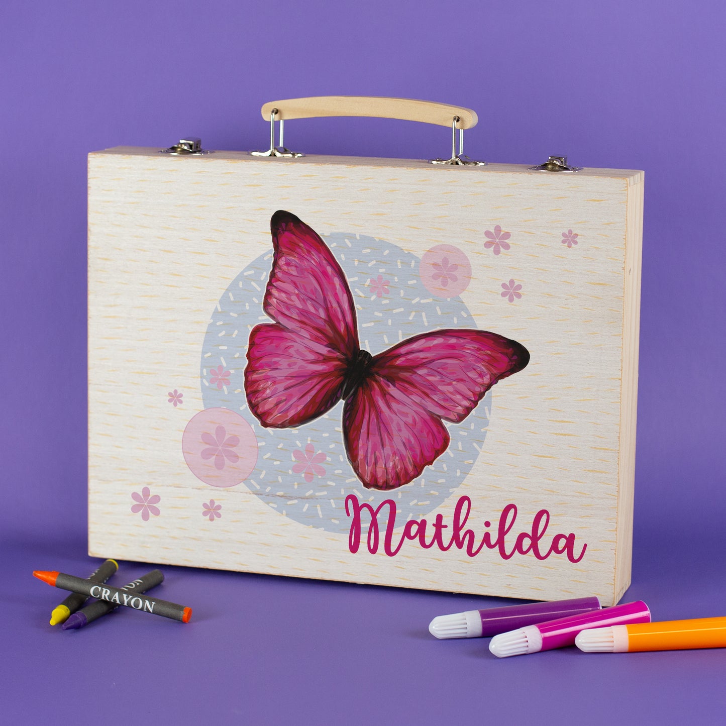 Personalisierter Malkasten mit Schmetterling und Name Mathilda für Mädchen