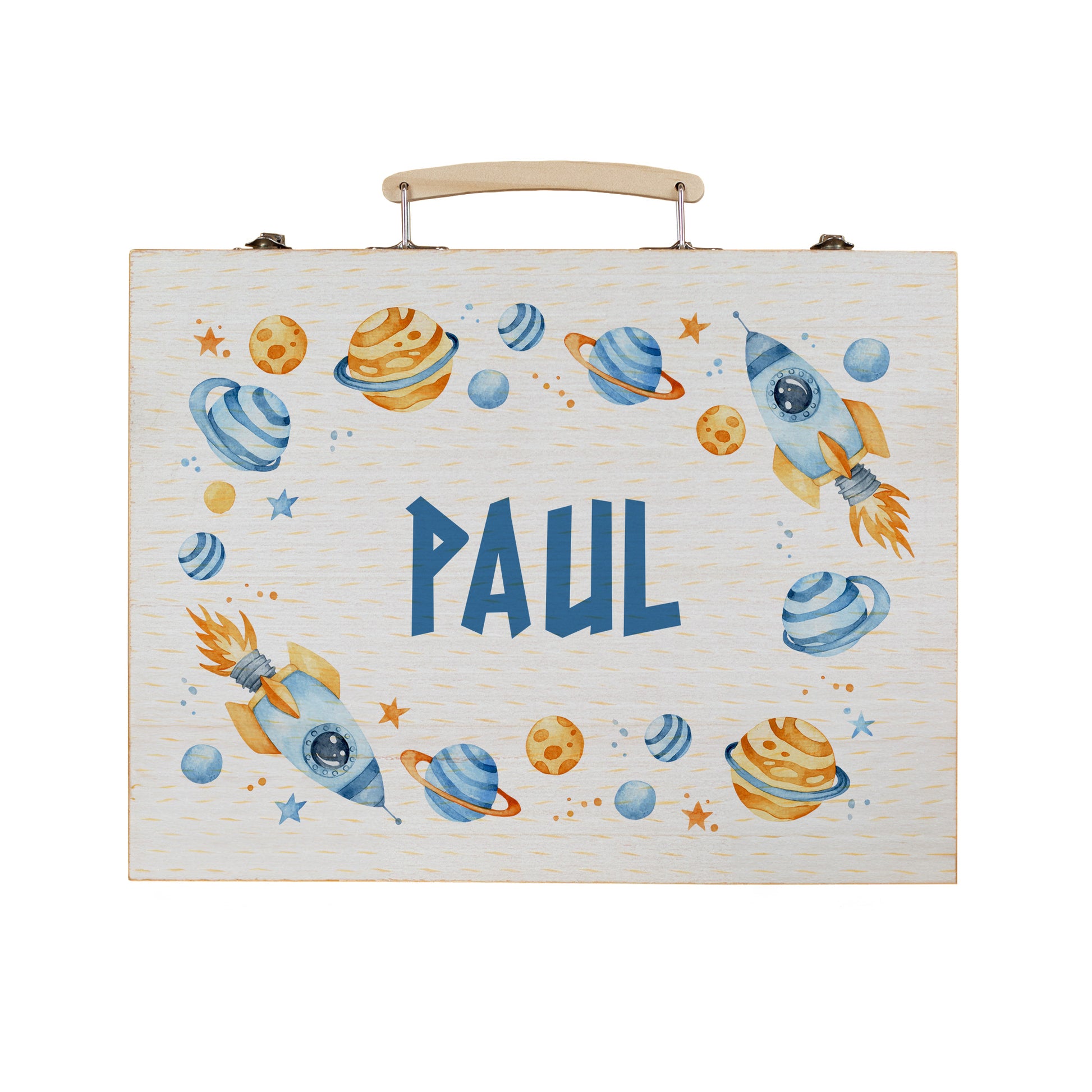 Freigestellter Malkoffer mit Name Paul und bunten Weltraummotiven auf Holz