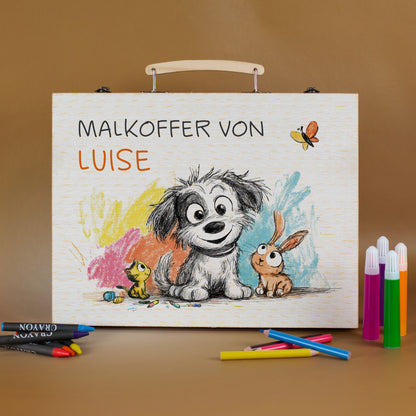 Personalisierter Malkoffer für Kinder mit Hund, Hase & Katze, Name Luise