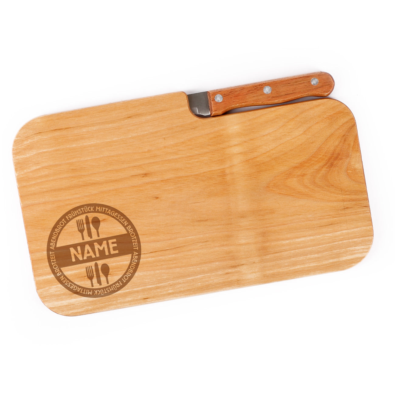 graviertes Holzbrettchen mit integrierten Messer