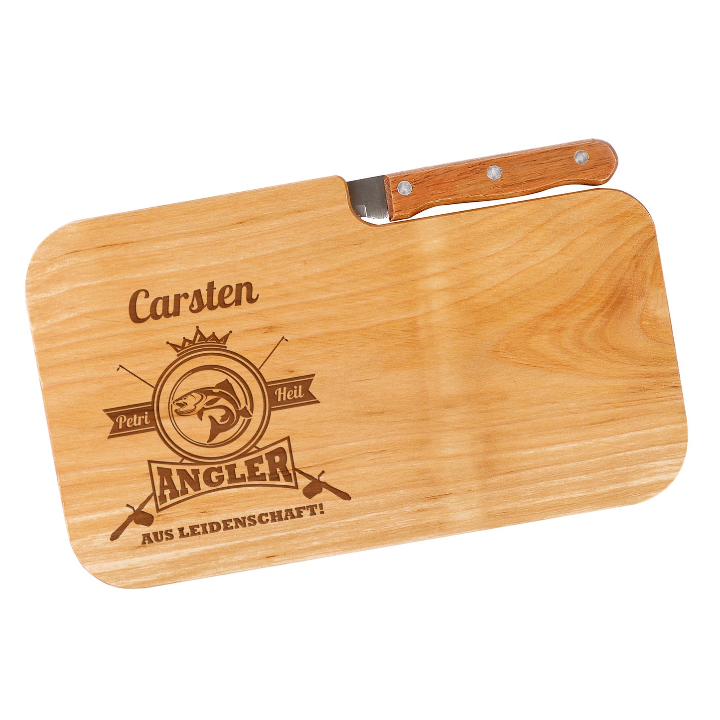 Personalisiertes Frühstücksbrettchen mit Anglermotiv & Name | Holzbrettchen mit Messer für Angler