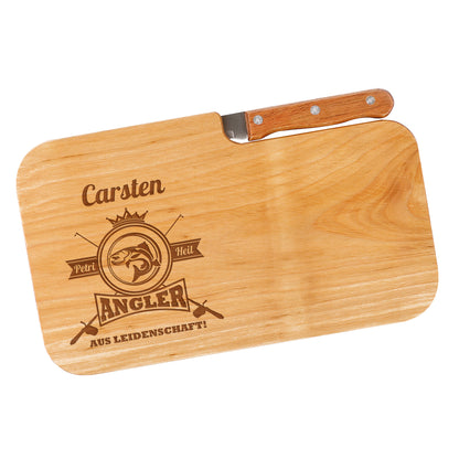Personalisiertes Frühstücksbrettchen mit Anglermotiv & Name | Holzbrettchen mit Messer für Angler