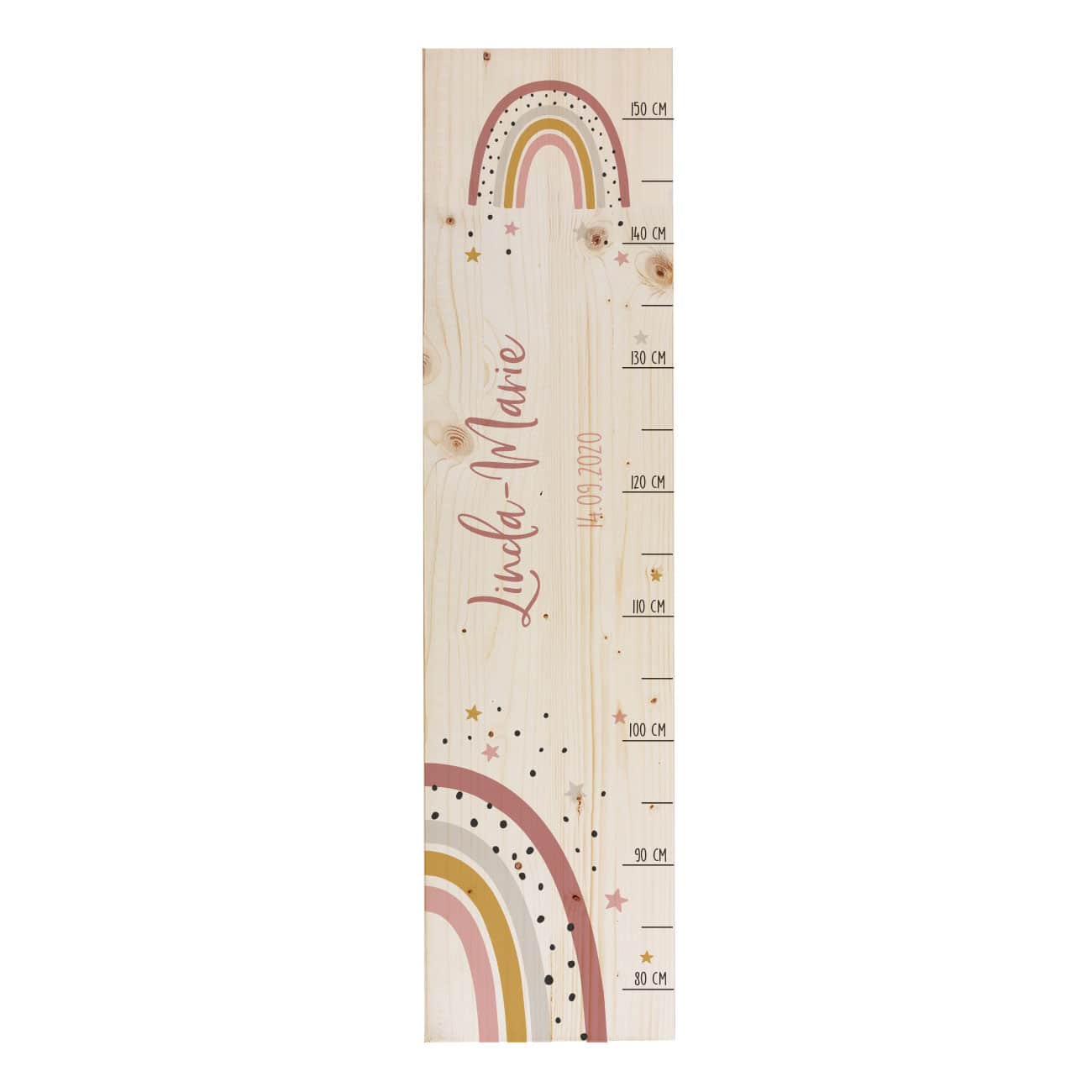 Messlatte aus Holz mit Regenbogen Motiv mit Name und Datum