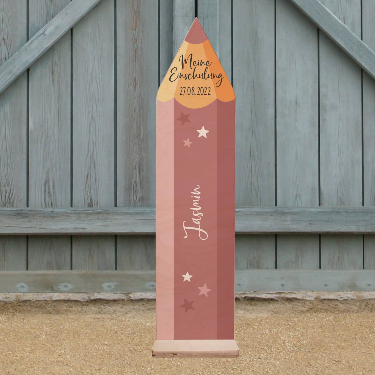 Holzaufsteller zur Einschulung des Kindes mit Personalisierung