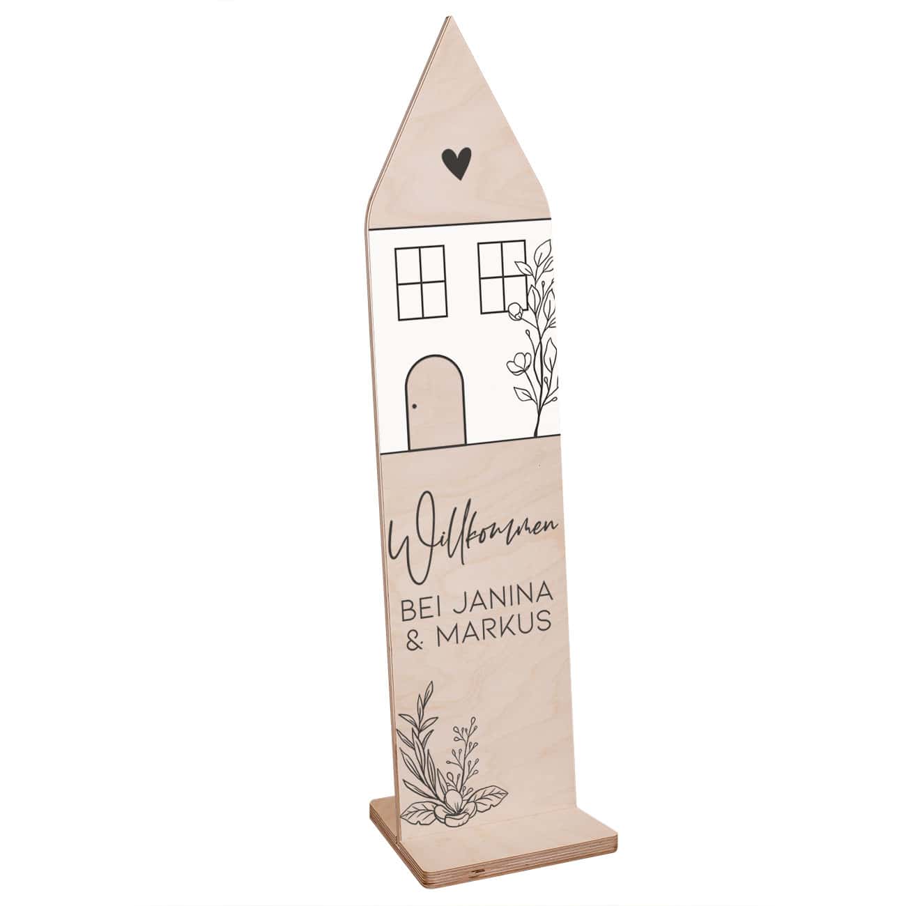 Holzhaus-Willkommensschild mit Ihrem Namensaufdruck im modernen Design