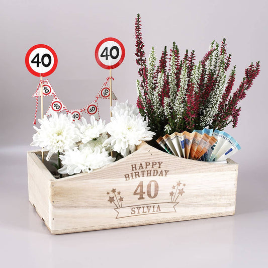 Persönlicher Holzkorb zum Geburtstag als Geldgeschenk