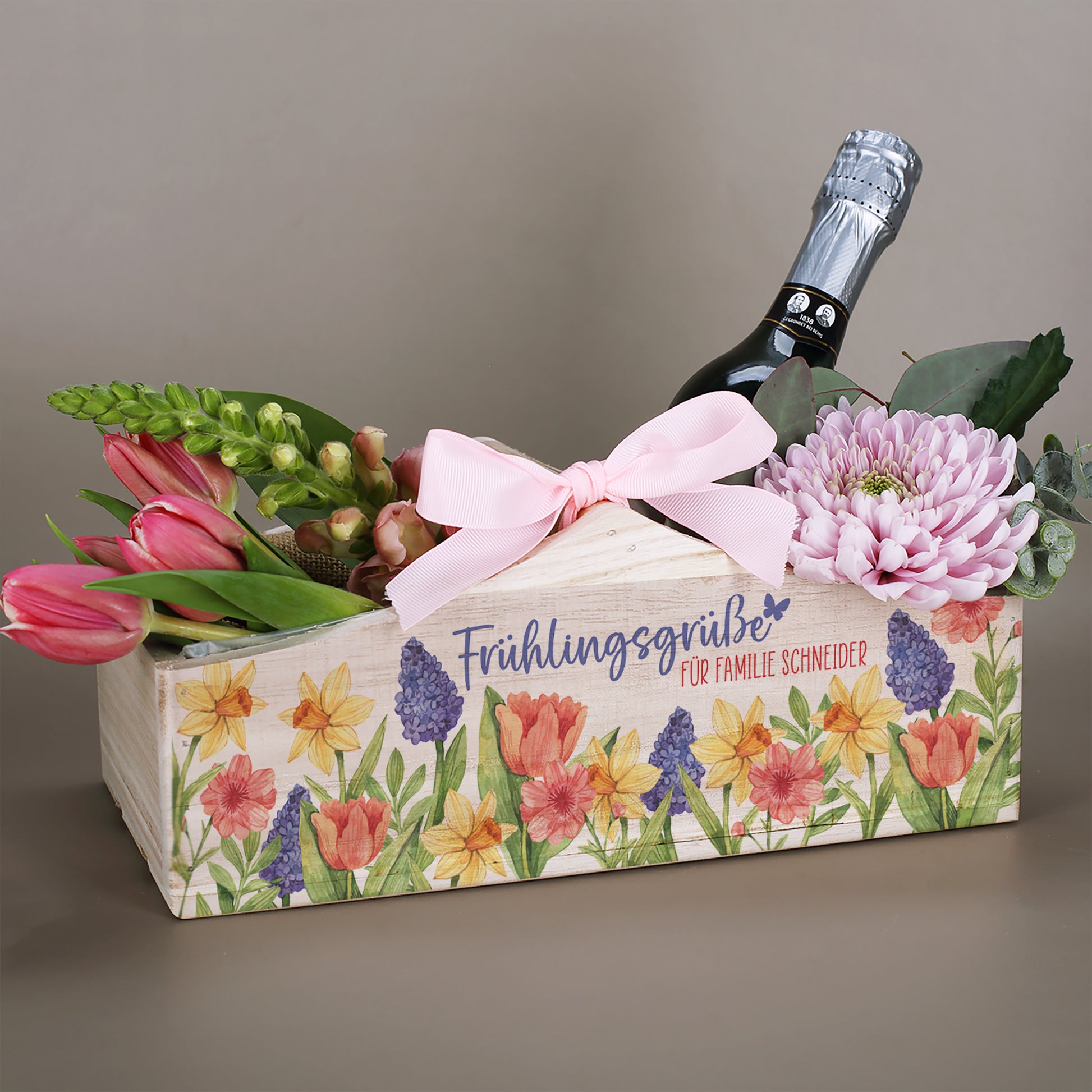 Pflanzkorb mit Mittelgriff Frühlingsgrüße personalisiert mit Wunschtext