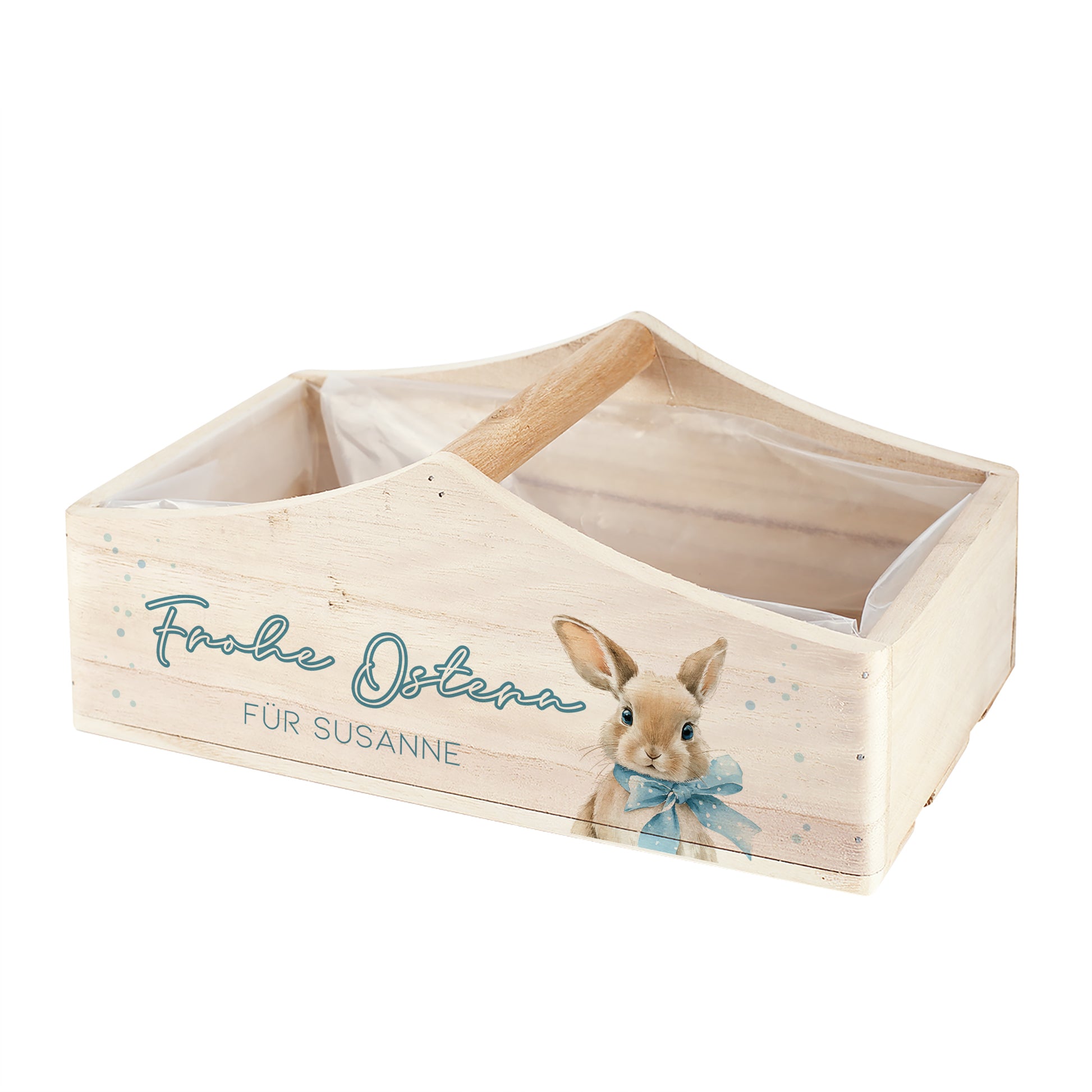 Personalisierte Holzkiste zu Ostern mit Mittelgriff, Hasenmotiv, Schriftzug Frohe Ostern und Wunschtext in leerer Ansicht