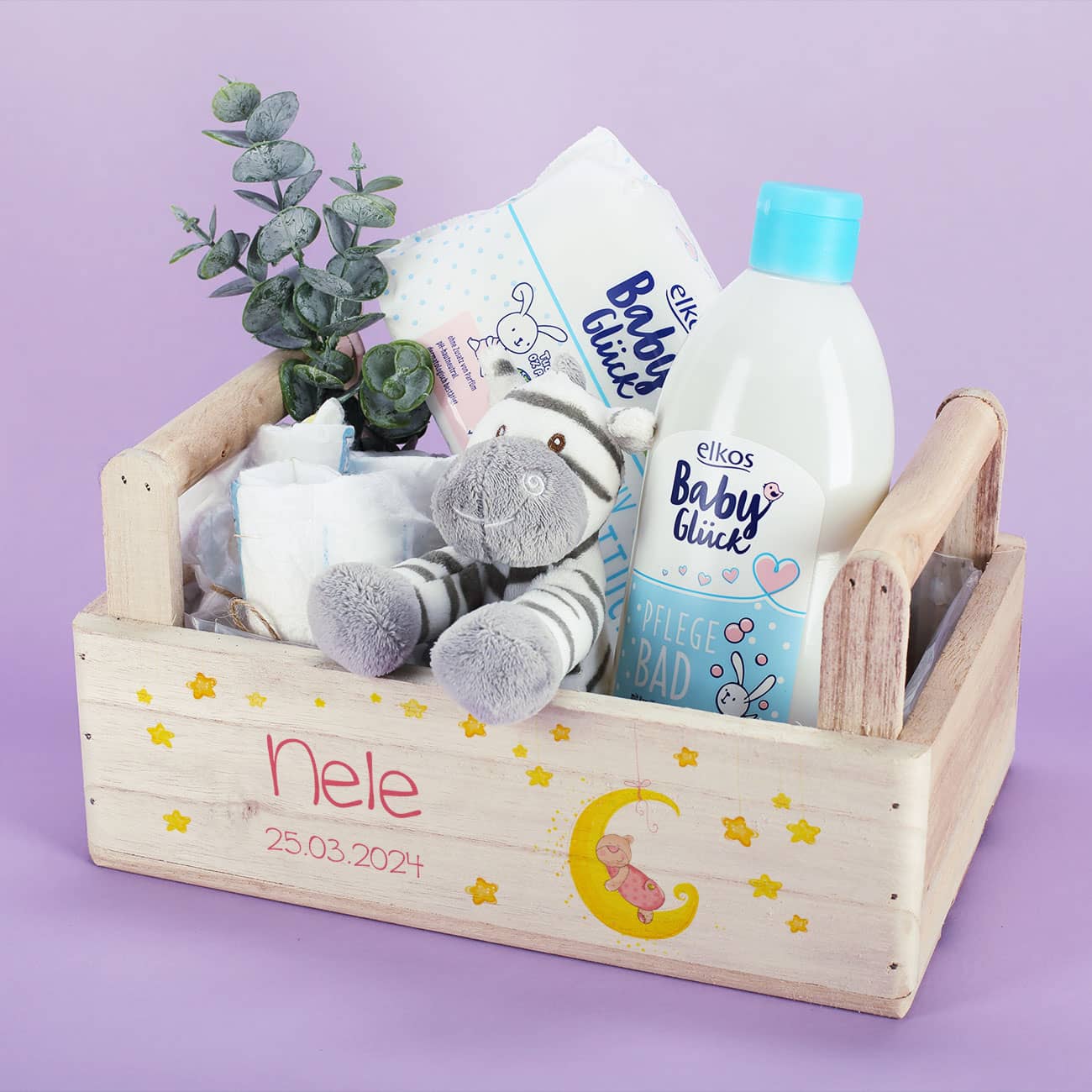 Geschenkkorb für Mädchen mit Teddymotiv, Sterne und Mond