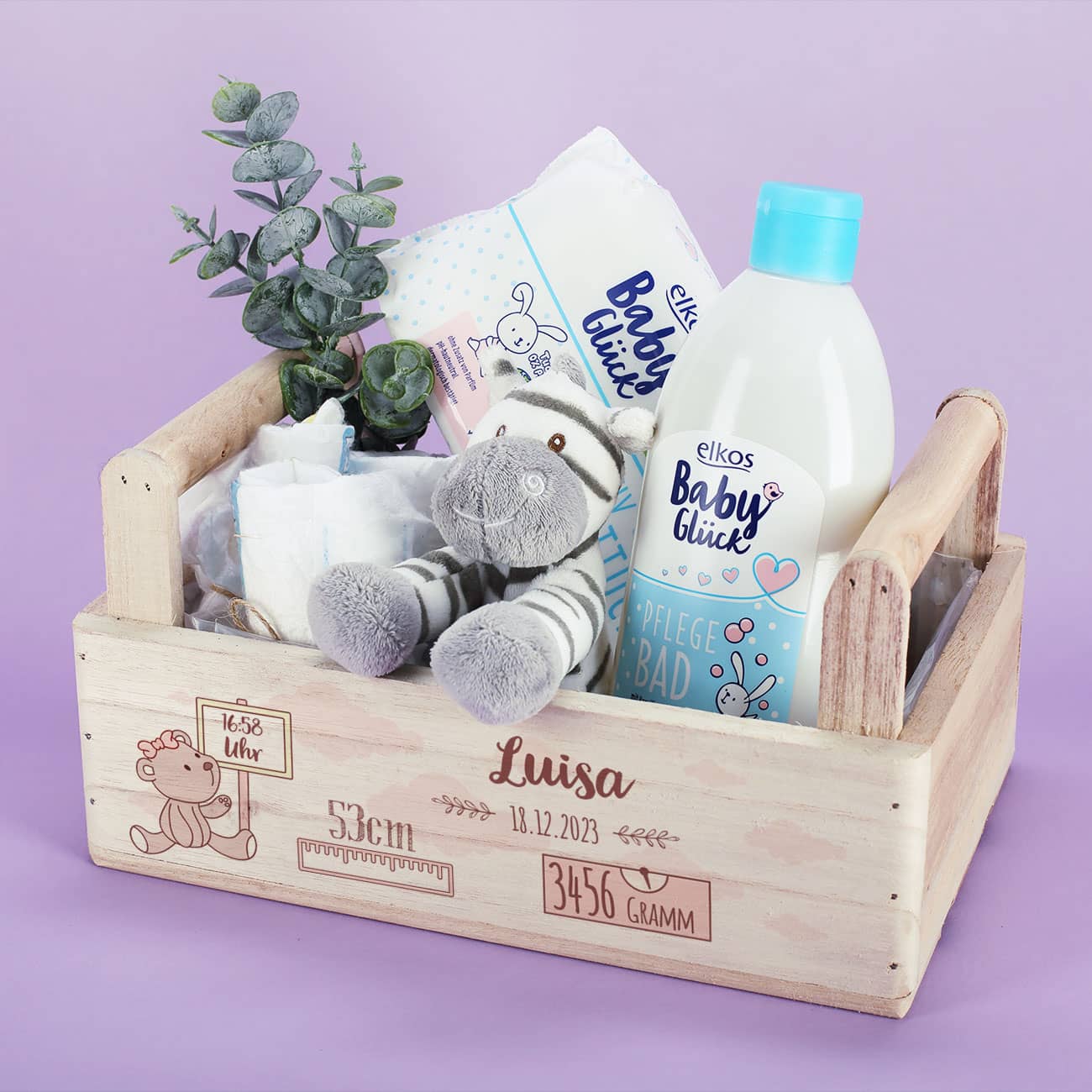Geschenkkorb zur Geburt mit Ihren persönlichen Daten