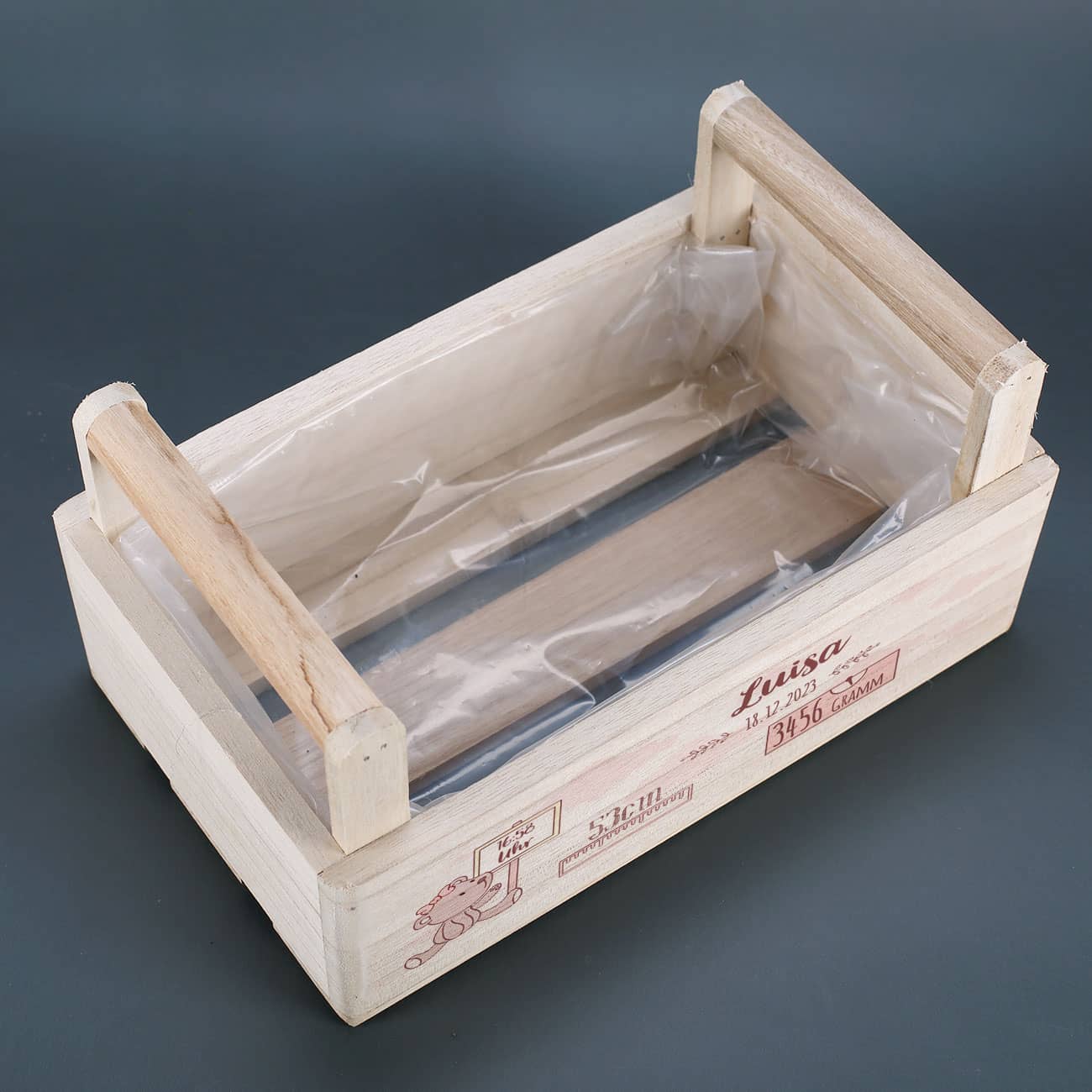 Holzkorb mit 2 Griffen und Folie ausgekleidet