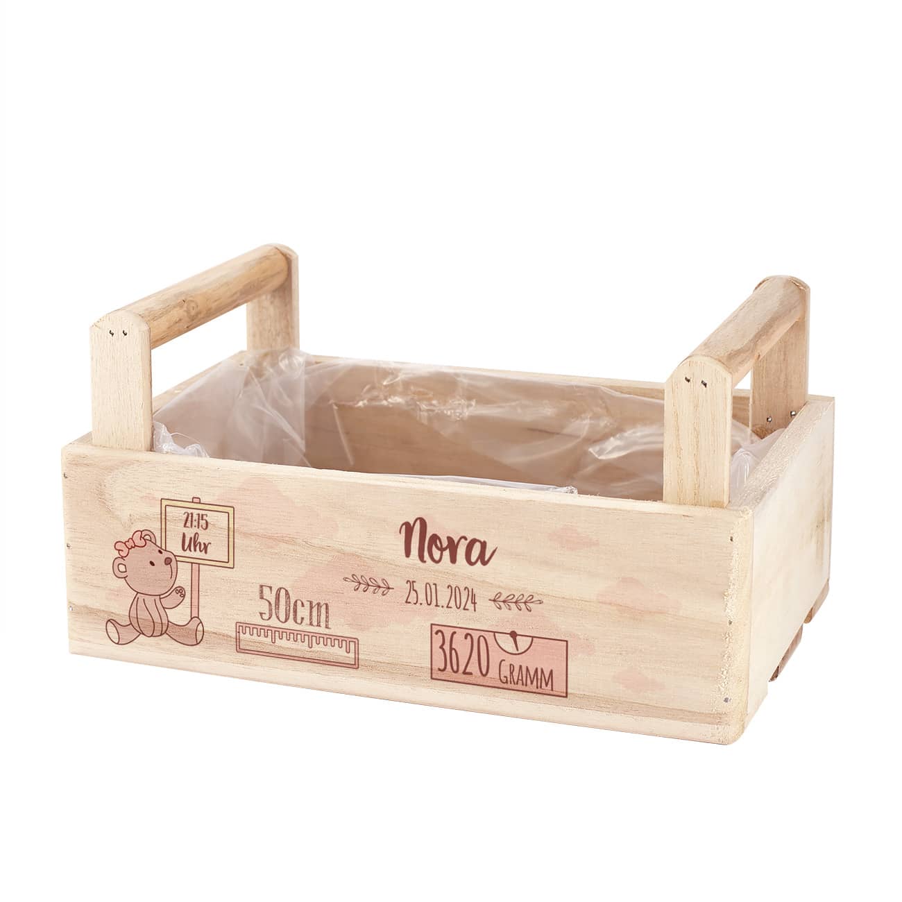 Bedruckter Holzkorb für Mädchen zur Geburt mit Ihren Wunschdaten verziert