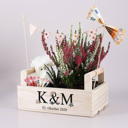 Bedruckter Pflanzkorb als Geldgeschenk zum Einzug oder zur Hochzeit