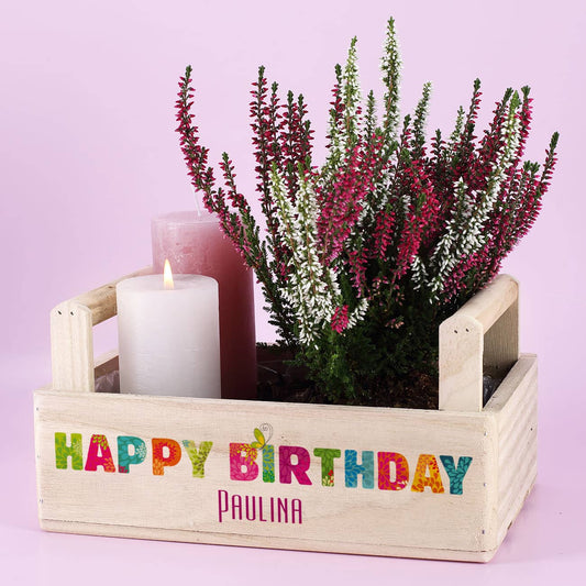 Holzkiste "Hapy Birthday" mit Name bedruckt