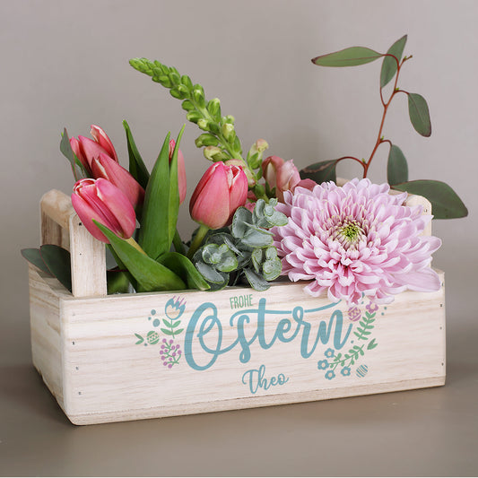 Osterkörbchen & Pflanzkiste aus Holz mit Wunschnamen | Frohe Ostern Motiv