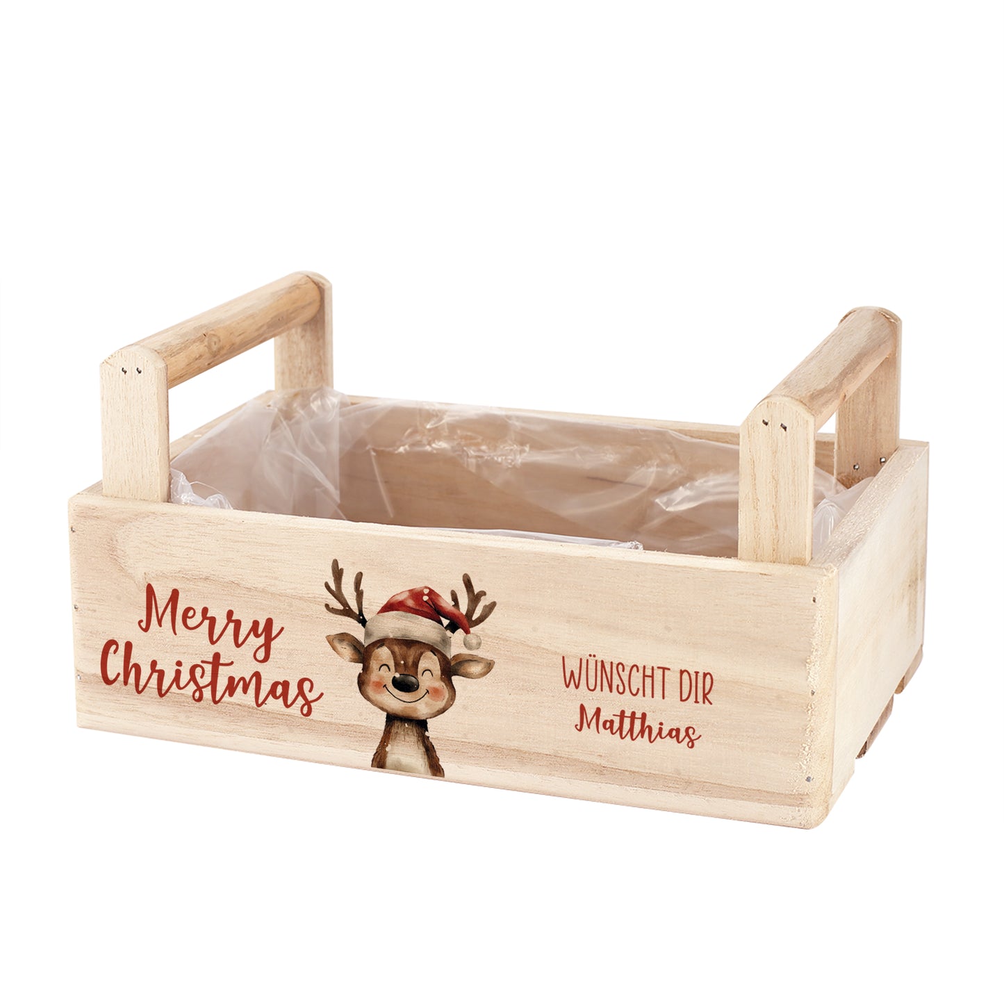 Personalisierbare Rentier-Holzkiste Merry Christmas aus naturbelassenem Holz, mit Innenfolie und Wunschtext