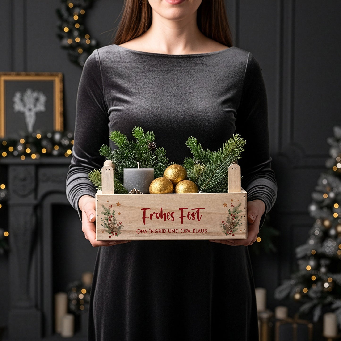 Geschenkkorb zu Weihnachten mit festlichem Motiv personalisiert mit Wunschtext | Pflanzkiste aus Holz